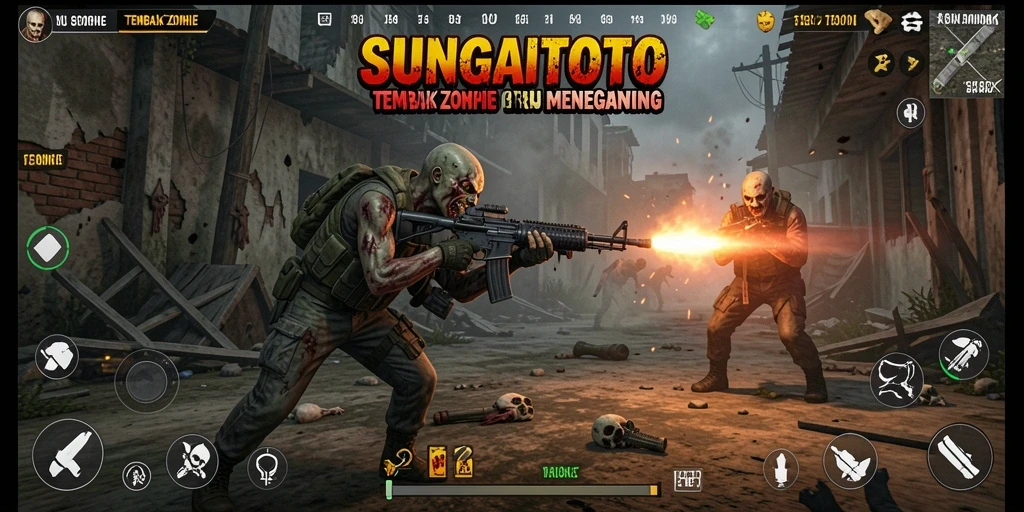 Antarmuka permainan SUNGAITOTO dengan aksi menembak zombie.